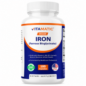 Vitamatic Vegan Iron Complex 28mg with Vitamin C, B12 & Folate – 180 Capsules
